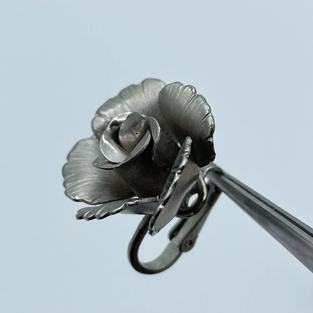 Vintage Lisner Rose Silver Tone Stud Clip On Statement Art Deco Earrings Floral
